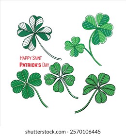 A 3D four-leaf clover vector set featuring vibrant green designs isolated on a white background. Perfect for Saint Patrick's Day decorations, greeting cards, digital art, and festive projects.