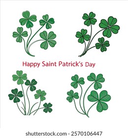 A 3D four-leaf clover vector set featuring vibrant green designs isolated on a white background. Perfect for Saint Patrick's Day decorations, greeting cards, digital art, and festive projects.