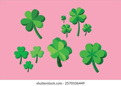 A 3D four-leaf clover vector set featuring vibrant green designs isolated on a white background. Perfect for Saint Patrick's Day decorations, greeting cards, digital art, and festive projects.