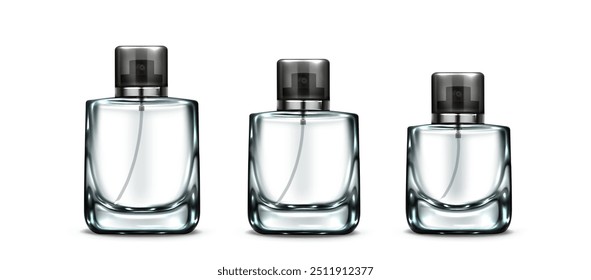 3D Duftglasflasche. Smockup für kosmetische Behälter. Leerer realistischer Kolben mit Kappendesign-Set. Parfüm- oder Kölnflaschen-Muster für die Vermarktung. Runde Luxus und klare Parfum Geschenkkollektion