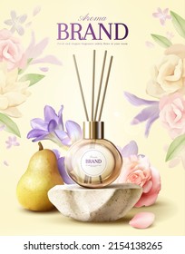 3d fragrance reed diffuser ad template. Glass bottle mockup displayed on grey stone podium with pear fruit and flora decoration.