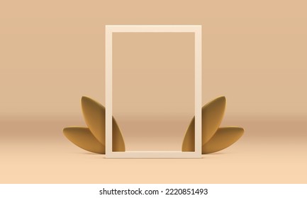 3d frame advertising space display spring decor design realistic vector illustration. Premium vertical border with golden leaves floral beige minimalist rendering studio background product performance