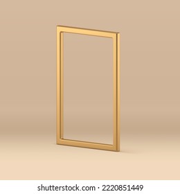 3d frame golden isometric decorative element exhibition stand showcase realistic vector illustration. Premium border rectangular geometric vertical foundation beige studio background design