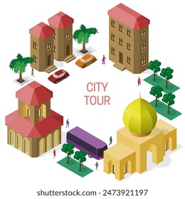 3D frame of isometric buildings, trees, vehicles and people. Set of objects with empty space for text in the middle. Good for cover design.