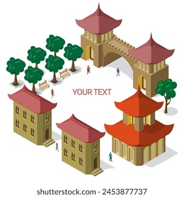 3D frame of isometric models of buildings, trees and people. Set of objects with empty space for text in the middle.