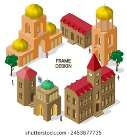 3D frame of isometric town buildings, trees and people. Set of objects with empty space in the middle. Elements for poster or brochure design.