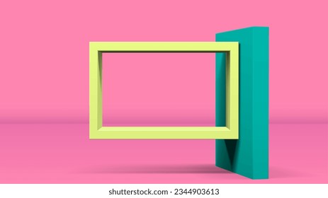 3D frame on stand or abstract minimalistic rectangle composition with the colorful room on the background