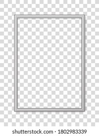 3D frame. Picture frame isolated on background. Silver realistic modern border rectangular with shadow. Vertical boarder for design picture, presentation, mockup, photo, poster, flyer, menu. Vector 