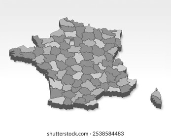 3D Frankreich Karte mit allen Departments in Grau. Dreidimensionale Karte von Frankreich mit Schatten. Karte von Departments of France auf weißem Hintergrund für Ihr Design, App, UI.  EPS10. 