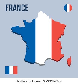 Mapa 3D de Francia con bandera, mapa tridimensional de Francia con sombra