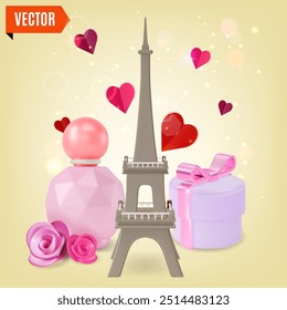 3d França Compras Viagem e Turismo Conceito Design de Desenho Animado Estilo. Ilustração vetorial da Torre Eiffel e da garrafa de perfume com rosa rosa