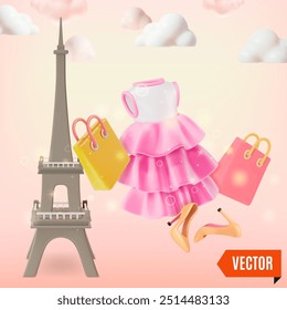 3d Frankreich Einkaufen Reisen und Tourismus Konzept Cartoon Design Stil. Vektorgrafik des Eiffelturms mit schwimmendem Kleid, High Heels und Einkaufstasche