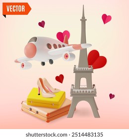 3d Frankreich Einkaufen Reisen und Tourismus Konzept Cartoon Design Stil. Vektorgrafik des Eiffelturms mit Flugzeug und High Heels