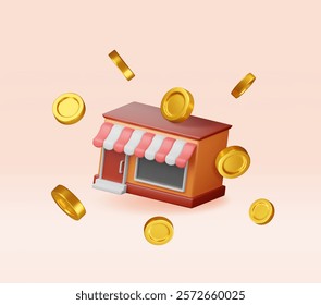 3D franchise business for sale. Render franchising shop building or commercial property. Real estate business promotional, sme startup crowdfunding. Selling buying new business. Vector illustration