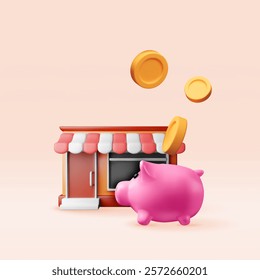 3D franchise business for sale. Render franchising shop building or commercial property with piggy bank and coins. Promotional, startup crowdfunding. Selling buying new business. Vector illustration