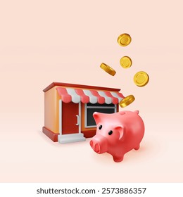 3D franchise business for sale. Render franchising shop building or commercial property with piggy bank and coins. Promotional, startup crowdfunding. Selling buying new business. Vector illustration