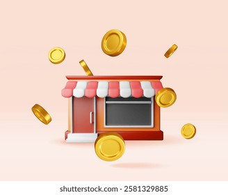 3D franchise business for sale. Render franchising shop building or commercial property. Real estate business promotional, sme startup crowdfunding. Selling buying new business. Vector illustration