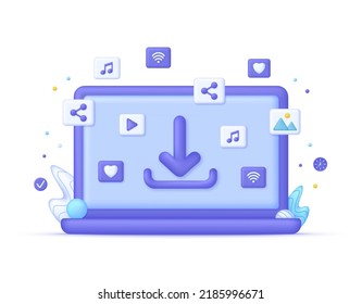 3D Free download illustration. Upload sign on laptop screen. File transfer and sharing. The concept of loading documents. Modern vector in 3d style.