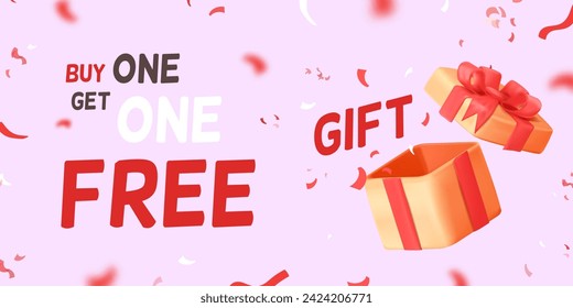 3d free gift. Buy 1 get one giveaway bonus, explode prize box wrap celebrating holiday present open winner reward, surprise inside giftbox promo sale realistic vector illustration of gift banner sale