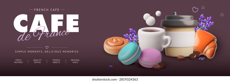 3D french cafe template with coffee, croissant and macaron. Coffee cup, takeaway cup, beans, lavender and decorative text create a glossy bakery layout for france travel.