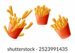 3d french fries. Crispy fry potato takeaway cardboard container, fried chip fast food box package frites potatoes stick bucket, fastfood render realistic exact vector illustration original artwork