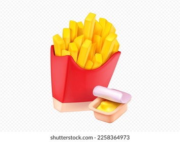 3D-Pommes frites auf rotem Papier, einzeln auf transparentem Hintergrund. Realistische Vektorgrafik von salziger Kartoffelsnackportion und Tauchsoße in Pappcontainer. Fast Food Symbol. Restaurant