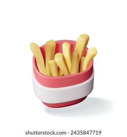 3D French Fries in Red Paper Box Isolated. Render Fried Potatoes in Package Icon. Fast Food Concept. Fat, Unhealthy Food. Cartoon Vector Illustration