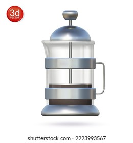 3d French Press With Coffee Or Tea. Isolated Brewer Jug With Metal And Transparent Glass. Kitchen Utensils Vector Illustrations.