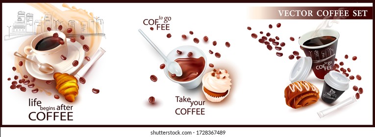 3D Fresh Croissant.Coffee in a Cup with a teaspoon. Falling Coffee Beans.Coffee to go.Bag of sugar. Fast food in a disposable Cup.Pastry. Poppy seed bun.Vector Set.