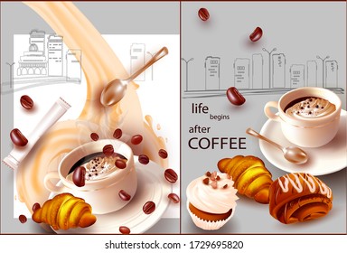 3d Fresh Croissant.Coffee in a Cup with a teaspoon. Falling Coffee Beans. White Background with vector image of city, houses, skyscrapers.