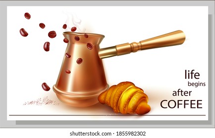 3D Fresh Croissant.Copper Coffee Pot on white background.Coffee Turk with wooden handle.