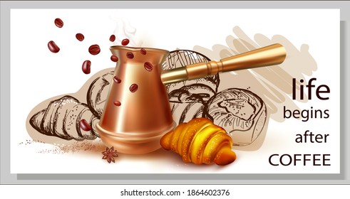 3D Fresh Croissant.Copper Coffee Pot on white background.Coffee Turk.Pastry.Pencil hand drawing.Coffee beans.Graphic image of sweet roll, pastry, croissant, cheesecake.