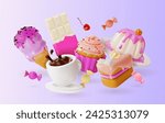 3d Fresh and Delicious Sweet Desserts Order Concept Background Cartoon Style Include of Candy, Muffin, Ice Cream and Chocolate. Vector illustration