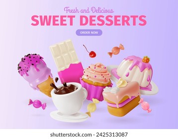 3d Fresh and Delicious Sweet Desserts Order Ads Banner Concept Poster Card. Ilustración de vector