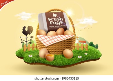 3d Fresh Eggs Advertisement For Farm Product Display. A Basket Of Organic Brown Eggs Set On Miniature Grassy Farm Land.