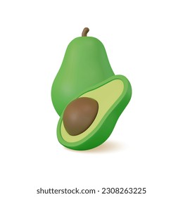 3d Fresh Fruit Whole Avocado and Slices Concept Cartoon Style Isolated on a White Background. Vector illustration