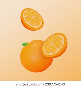 3d Fruta Fresca Completo Naranja y Cortes Concepto Efecto Volador Estilo Cartoon. Ilustración vectorial de la mandarina de corte