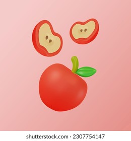3d Fruta fresca Manzana Roja entera y Slices Concepto Efecto Volador Estilo Cartoon. Ilustración vectorial del postre saludable