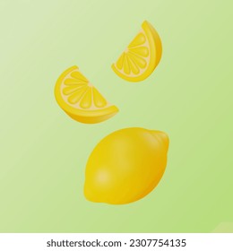 3d Fresh Fruit Whole Yellow Lemon and Slices Concept Flying Effect Cartoon Style. Vector illustration