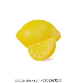 3d Fresh Fruit Whole Yellow Lemon and Slices Concept Cartoon Style Isolated on a White Background. Vector illustration