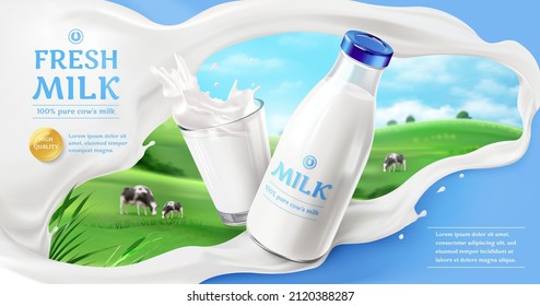 3d fresh milk ad template. Cows on green farm field background. Milk splash with glass cup and glass bottle package.