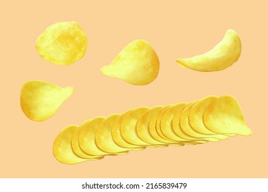 3D Fresh potato chips, some in a row and some placed with different angles isolated on light orange background