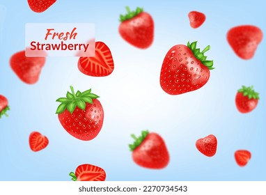 3d fresh strawberry background, juice or milkshake with red berries. Food jam details, isolated closeup realistic elements, 3d red fruits, tasty natural diet. Vector neoteric illustration