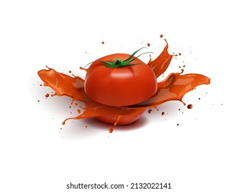 3D Fresh Tomato With Splash Of Juice. EPS10 Vector