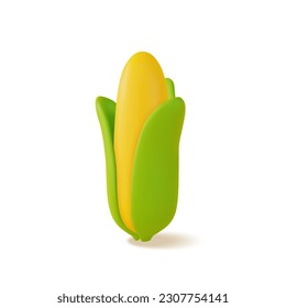 3d Fresh Vegetable Whole Corn Concept Cartoon Style Isolated on a White Background. Vector illustration of Corncob