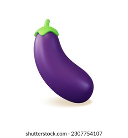 3d Fresh Vegetable Whole Purple Eggplant Concept Cartoon Style Isolated on a White Background. Vector illustration