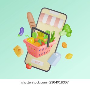3d Fresh Vegetables and Fruits Online Shopping Concept Cartoon Style Include of Mobile Phone and Full Shopping Basket. Vector illustration