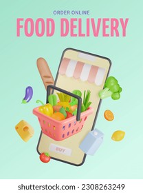 3d Fresh Vegetables and Fruits Online Shopping Concept Placard Poster Banner Card Cartoon Style Include of Mobile Phone and Full Shopping Basket. Vector illustration