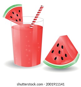 3D Fresh watermelon juice with watermelon slices and drinking straw Realistic healthy beverage Summer  juice. Isolated on white background. Vector illustration for Posters Banners Menu Designs or else