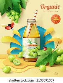 3d fresh white grape juice ad template. Glass bottle displayed on paper cut splashing shape stage with fruit decoration.